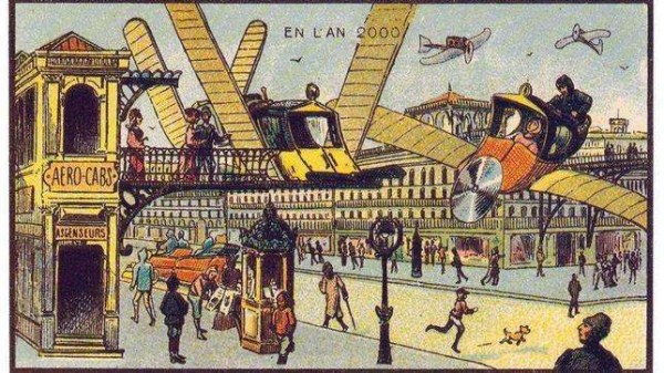 Taxis aéreos. No más tráfico gracias a que el transporte público sería por vía aérea. La proyección del artista francés plasmó vehículos que vuelan.