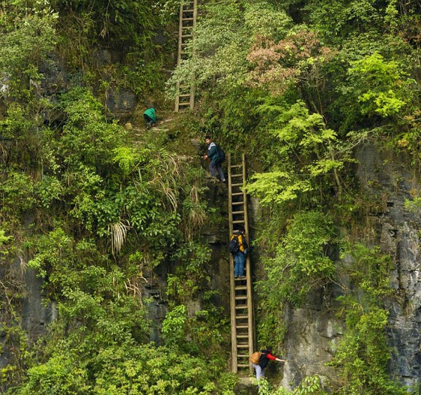 Alumnos subiendo escaleras de madera que no te aseguran nada, Zhang Jiawan Village, Sur de China