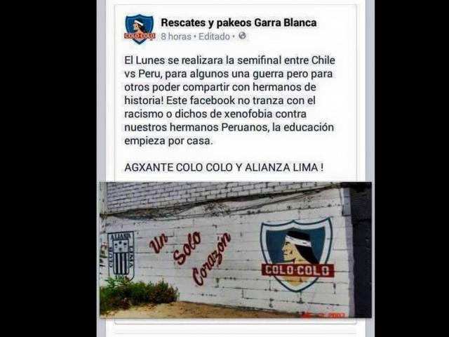 Copa América: Hinchas de Colo Colo lanzan mensaje de paz antes del Perú – Chile Copa América: Hinchas de Colo Colo lanzan mensaje de paz antes del Perú – Chile