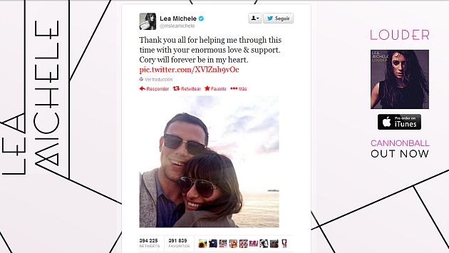 Mensaje de Lea Michele sobre Cory Monteith fue el ‘tuit’ de oro este año