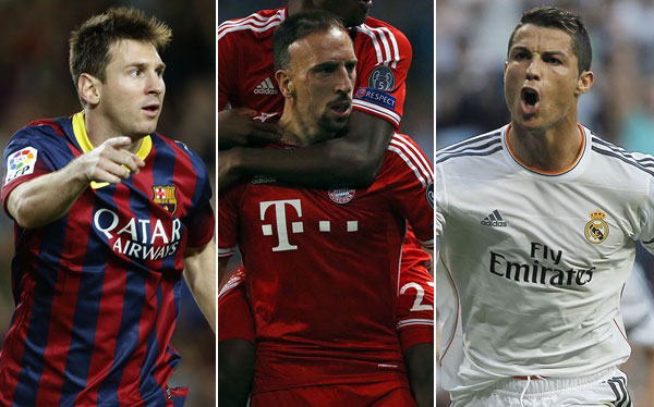 Lionel Messi, Cristiano Ronaldo, Franck Ribery, finalistas del Balón de Oro