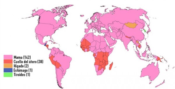 Un mapa muestra dónde predominan los diferentes tipos de cáncer