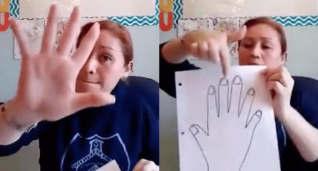 Profesora enseña a contar a niños con un dibujo de una mano con seis dedos